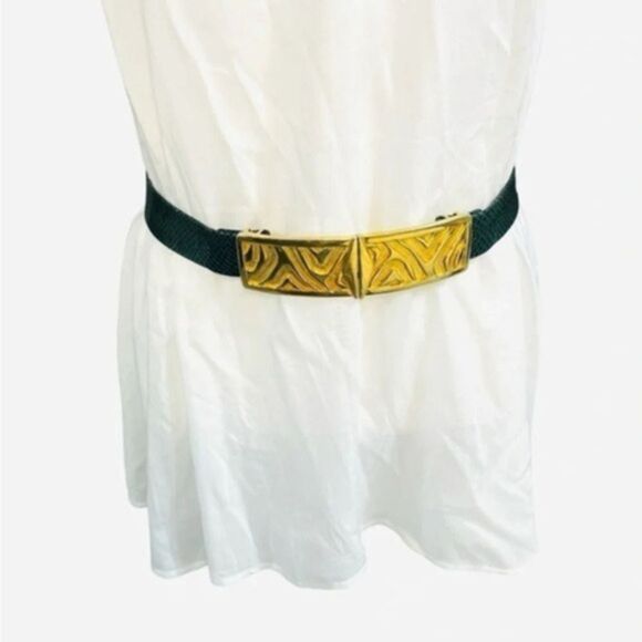 Vintage Accessories - Vintage snake skin belt green and gold brass small high waist clip loop